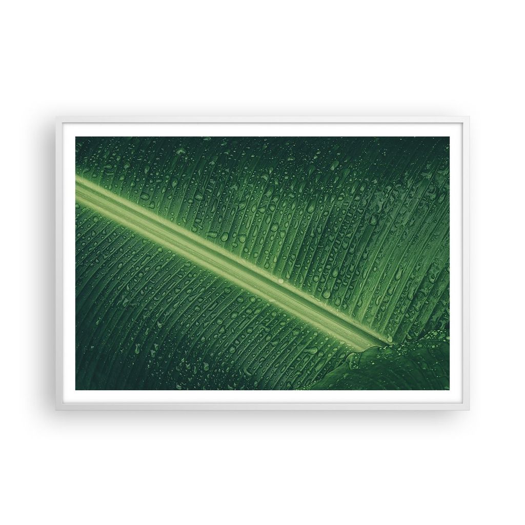 Gerahmtes Poster - Weißer Rahmen - Makro Blatt Tropfen - 100x70 cm - Wand Bild - Wanddeko - Wandbilder - Kunstposter - Wandposter - Bilderrahmen -...
