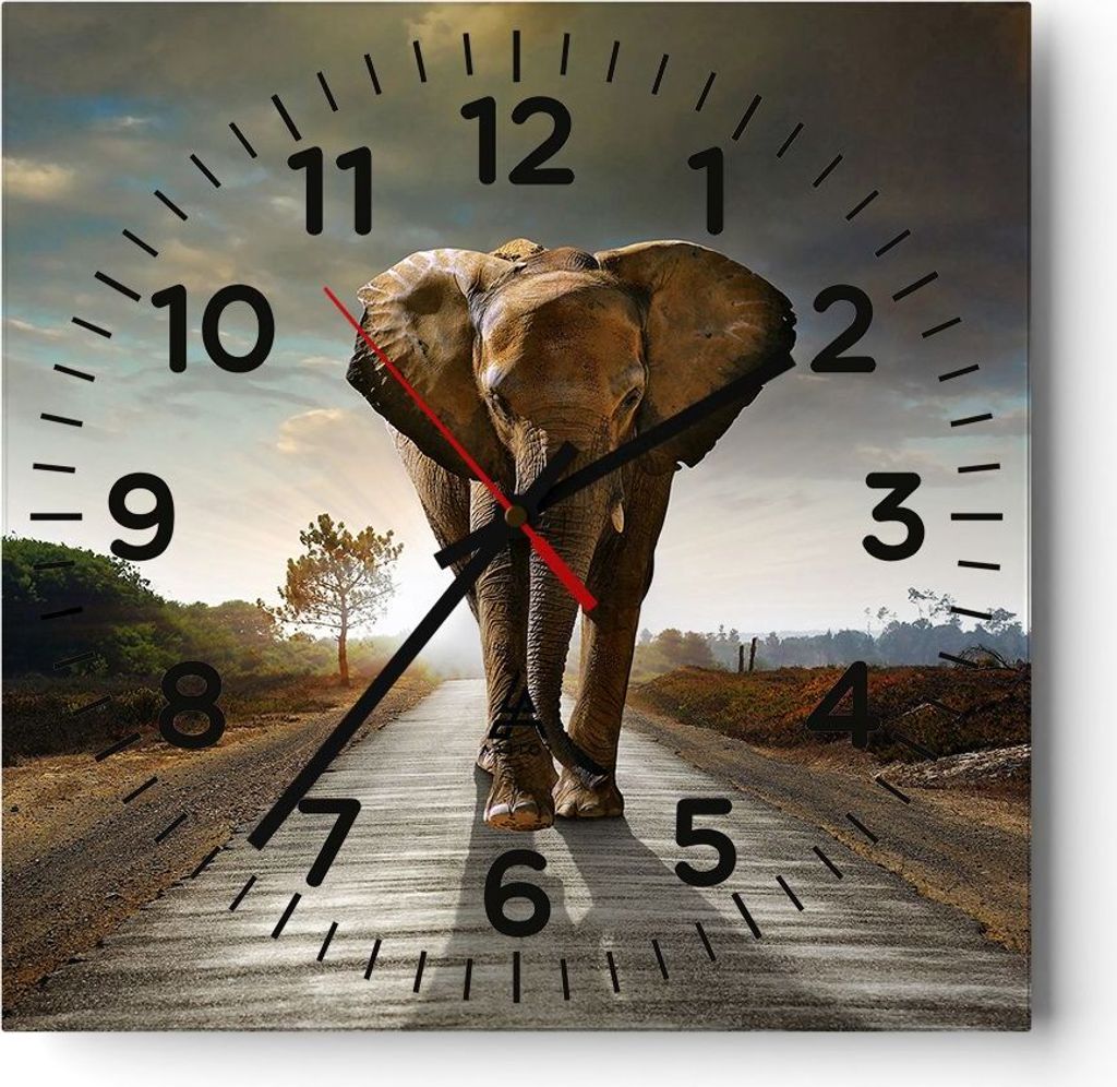 Wanduhr - Quadrat - Glasuhr - Elefant Straße Landschaft - Produktbild 
