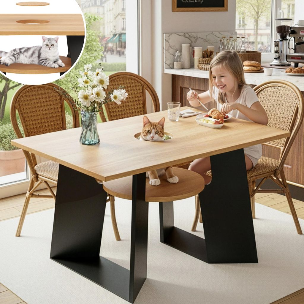 Fortuna Lai Haustierfreundlicher Esszimmer-Küchentisch mit Haustierbereich & Ablagebrettchen, rechteckig für 6 Personen (130×85×75 cm), Naturho...
