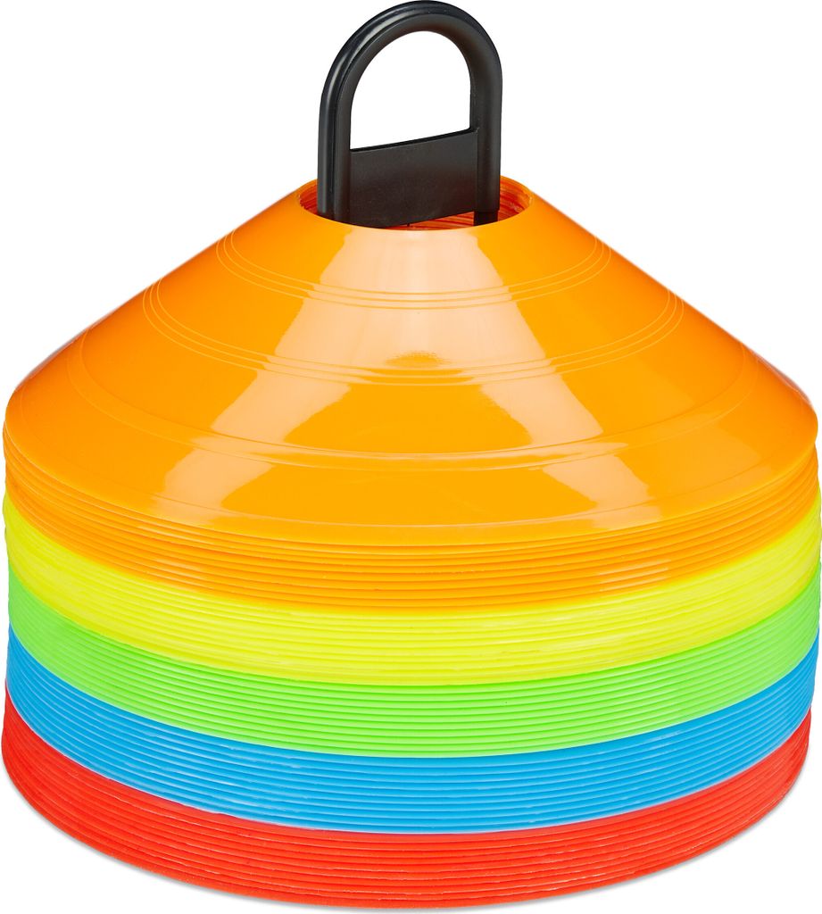 Relaxdays Markierungshütchen 50er Set, 5 Farben, Trainingshütchen für Fußball & Handball, mit Halter, Sporthütchen, bunt