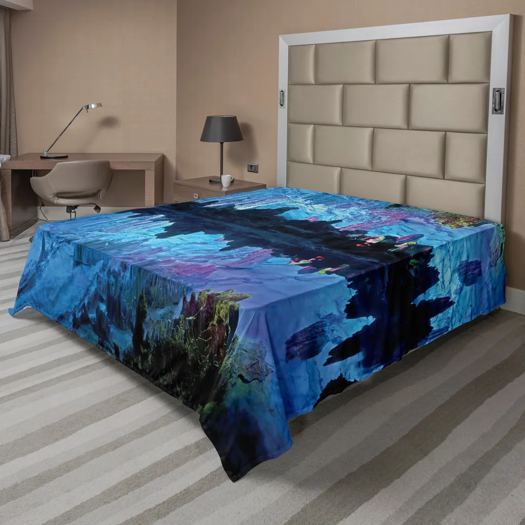 Drap de lit décoratif pour grand lit motif Grotte et Reed Flute bleu