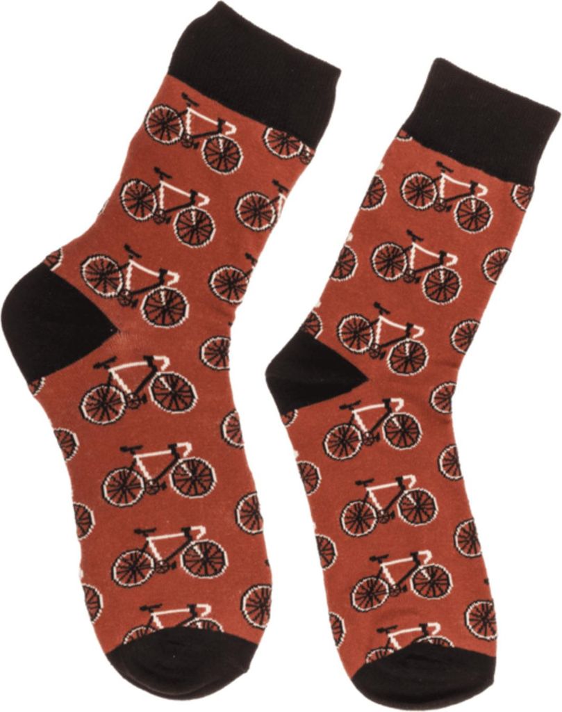 A pair of socks with a bicycle pattern.