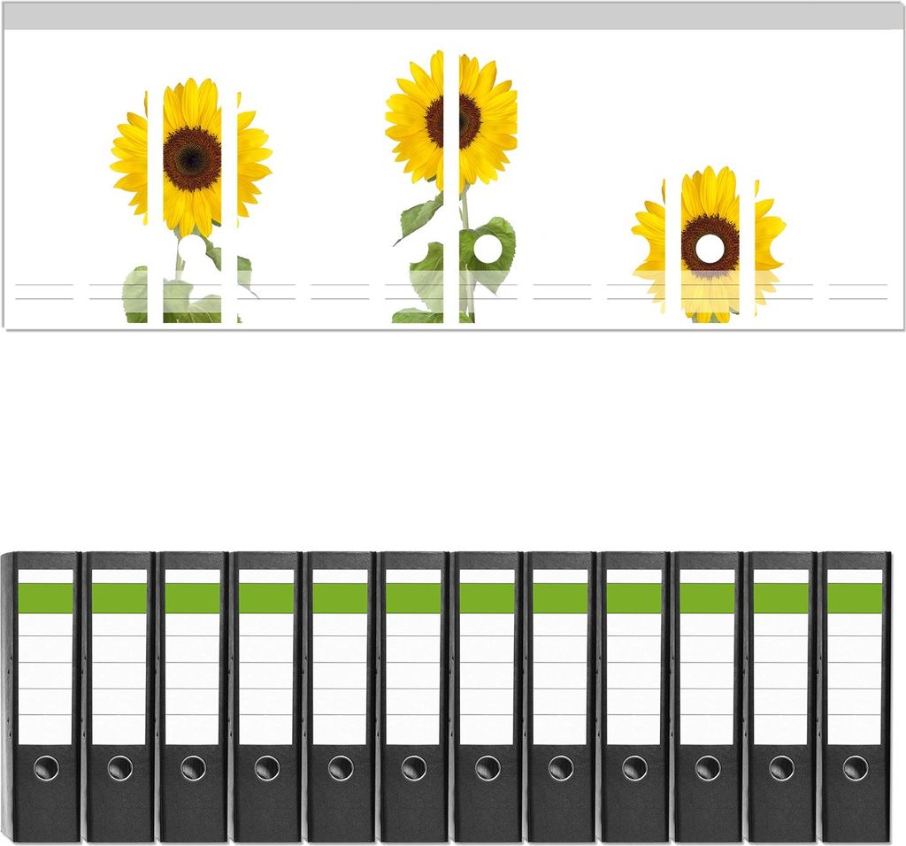 Wallario 12 Stück breite Ordner inkl. Klebeetiketten mit Motive Sonnenblume - Set mit Rückenschildern / Ordnerrücken Stickern