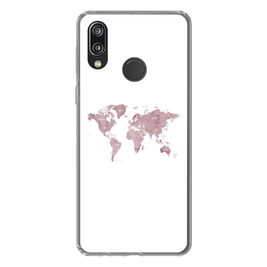 MuchoWow Handyhülle Schutzhülle Hülle für Huawei P20 Lite (2020) Weltkarte - Rosa - Weiß Silikon Softcase Handy Hülle - Kartenhalter