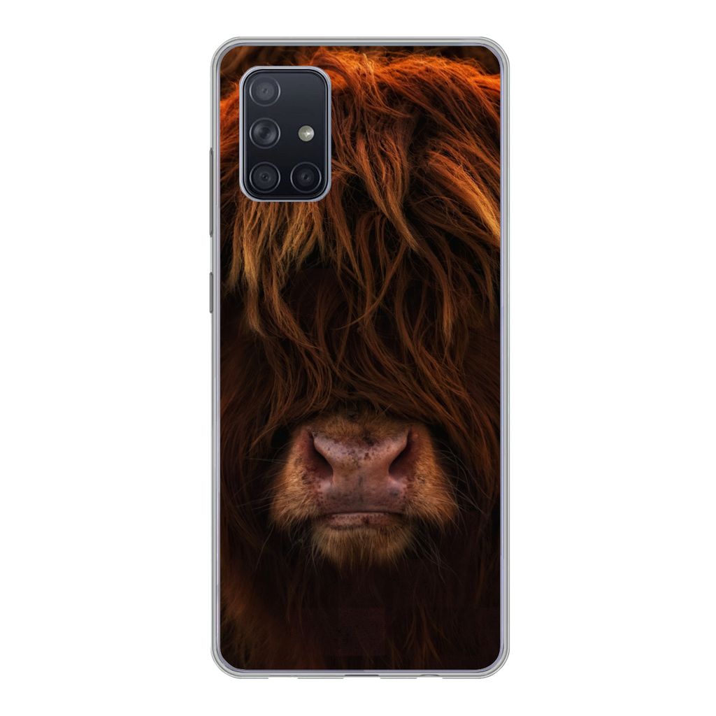 MuchoWow Handyhülle Schutzhülle Hülle für Samsung Galaxy A51 Schottischer Highlander - Kuh - Schwarz - Porträt Silikon Softcase Handy Hülle...