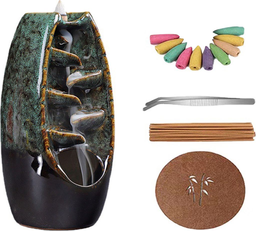 Rückfluss-Räuchergefäß mit 10 Kegeln, kreativer Lufterfrischer, Wasserfall-Räucherkegelhalter, Heim-Zen-Dekoration, Aromatherapie-Ornament fü...