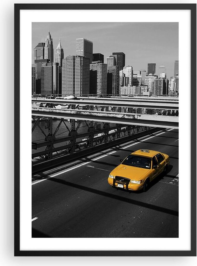Gerahmtes Poster - Schwarzer Rahmen - New York Manhattan Brooklyn Brücke Taxi - 50x70 cm - Wand Bild - Wanddeko - Wandbilder - Wandposter - Bilder...