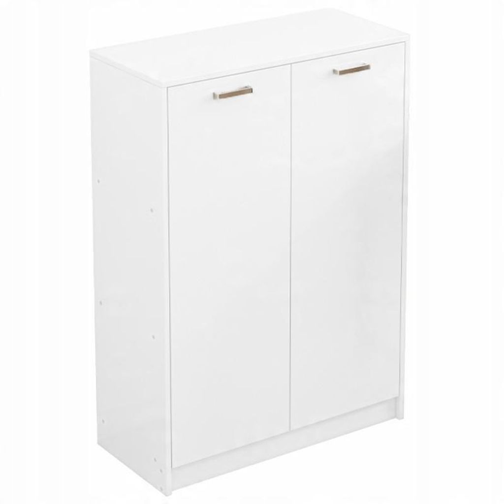 A white two-door cabinet with gold handles, shown from a slightly angled front view.