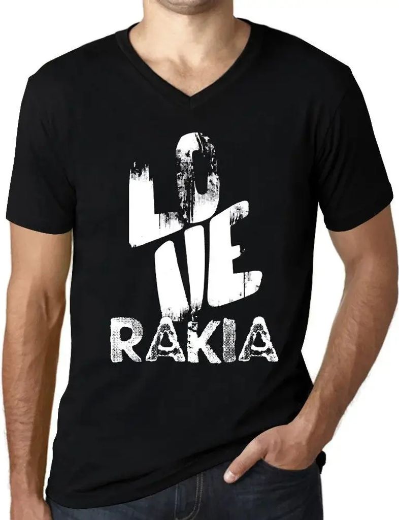 Herren Grafik T-Shirt V-Ausschnitt Liebe rakia – Love Rakia – Öko-Verantwortlich Vintage Jahrgang Kurzarm Lustige Druck Geburtstag Geschenk Mann