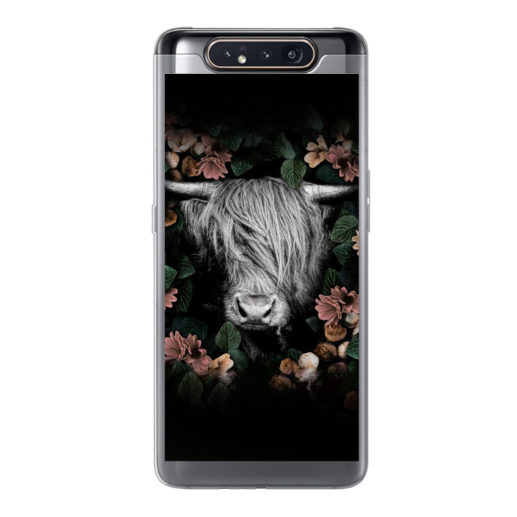 MuchoWow Handyhülle Schutzhülle Hülle für Samsung Galaxy A80 Schottischer Highlander - Blumen - Rosa Silikon Softcase Handy Hülle - Schutzde...