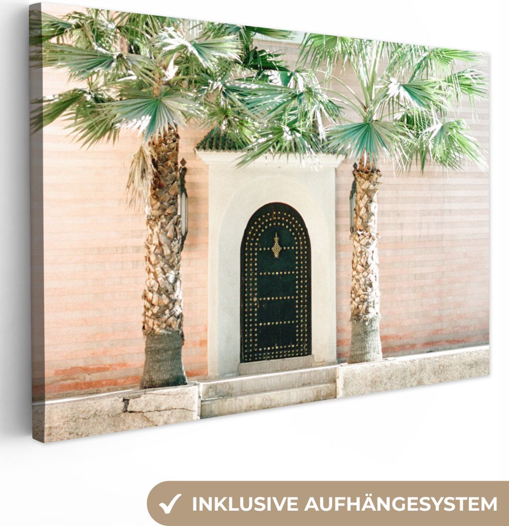 OneMillionCanvasses - Leinwandbilder - 140x90 cm, Tür - Marrakesch - Palme - Weiß - Tropisch, Wandbilder Kunstdruck Wanddekoration - Foto auf L...