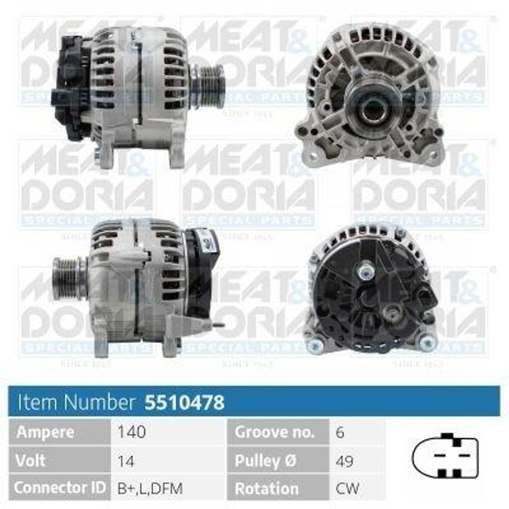 MEAT & DORIA 5510478 Lichtmaschine Generator LiMa 140A 14V für VW Golf V Schrägheck (1K1) TOURAN (1T1, 1T2) Transporter V Bus Multivan V Multivan VI