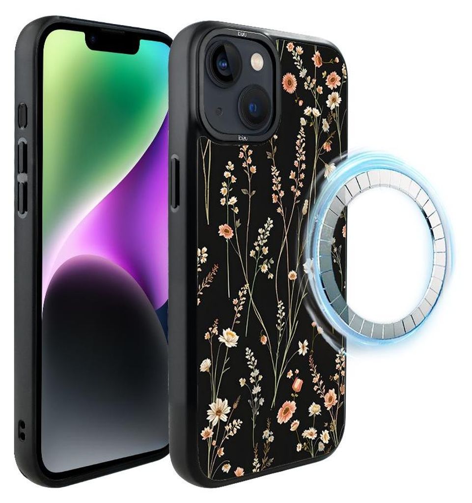 Schutzhülle für das iPhone 14 Plus, MagSafe-kompatibel, mattschwarze Seiten, kleine Blüten auf schwarzem Hintergrund