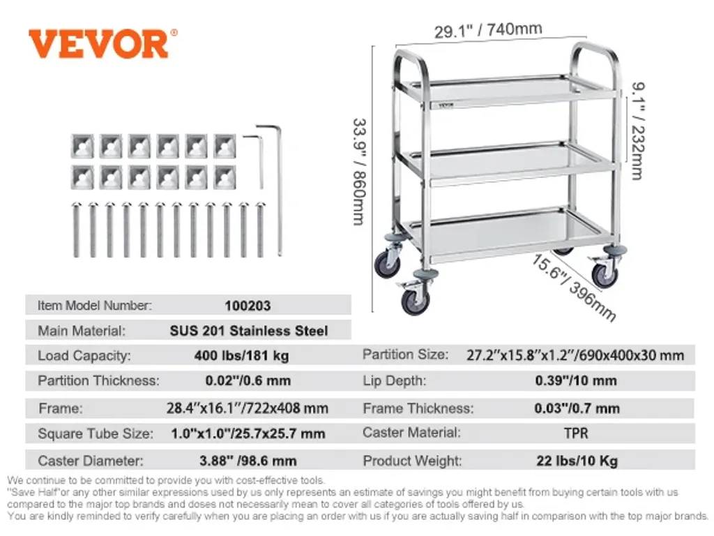 Chariot utilitaire inox à 3 niveaux : desserte mobile premium CH-304X - 2