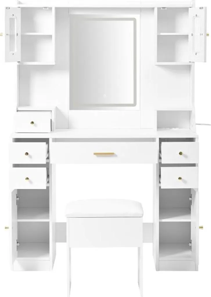 Grande coiffeuse avec éclairage LED réglable et prises, blanche - Modèle XL - 8