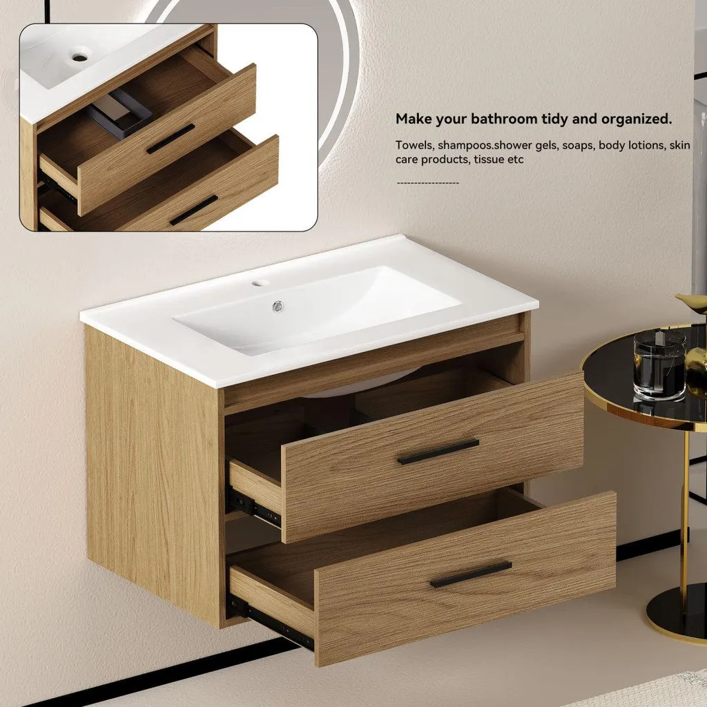 Meuble sous-vasque 75 cm chêne clair, solution de rangement à 2 tiroirs - 6