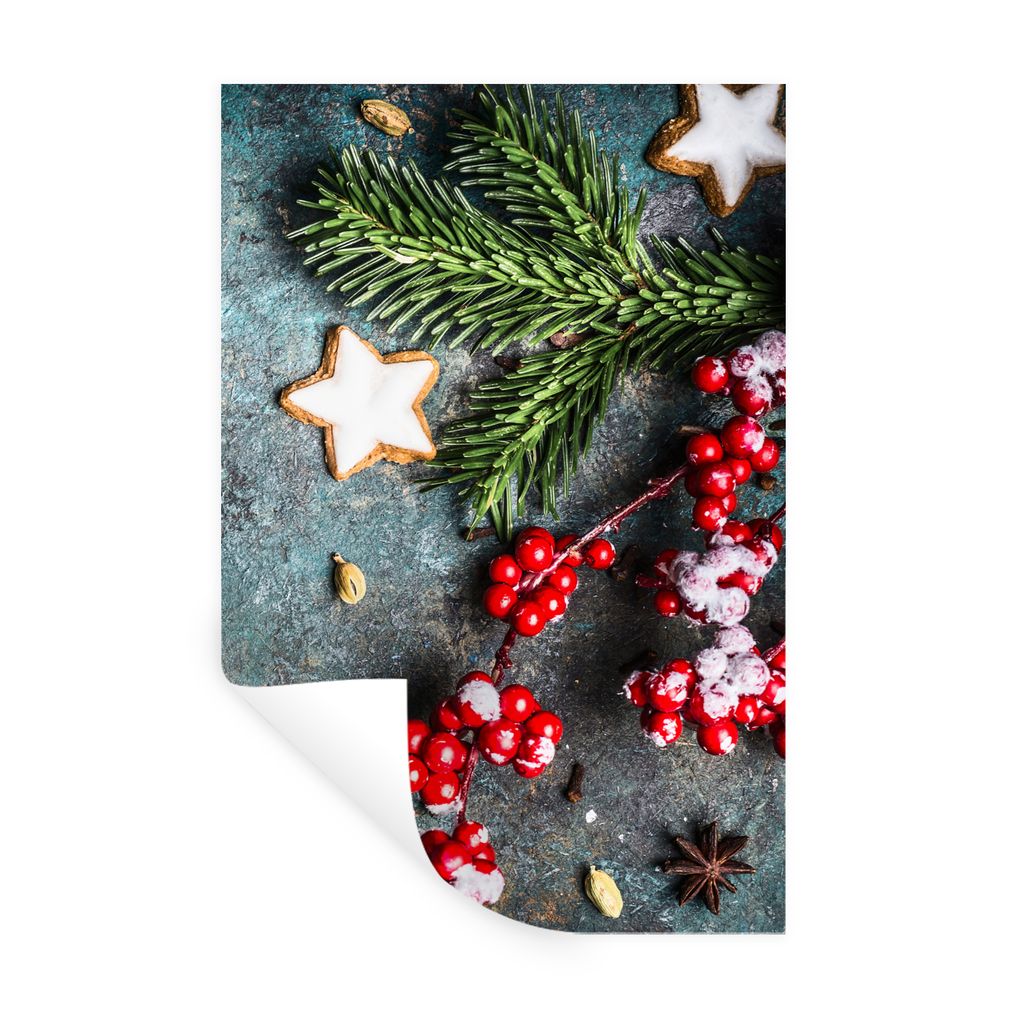 MuchoWow Wandtattoo Wandsticker Wandaufkleber Weihnachten - Rustikal - Zweige - Sternanis - Beeren - Rot 80x120 cm Selbstklebend und Repositionie...