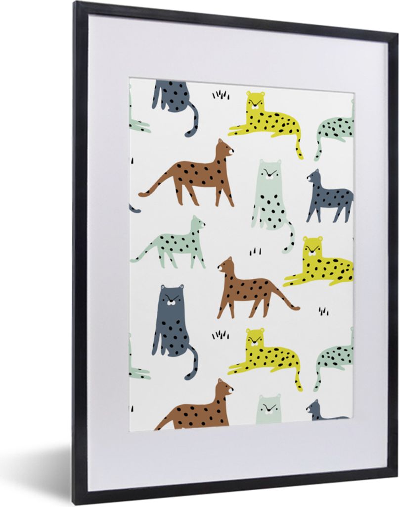 MuchoWow MuchoWow Gerahmtes Poster Katze - Dschungel - Farben 30x40 cm - Poster mit zchwarzem Bilderrahmen - Wandposter Schlafzimmer