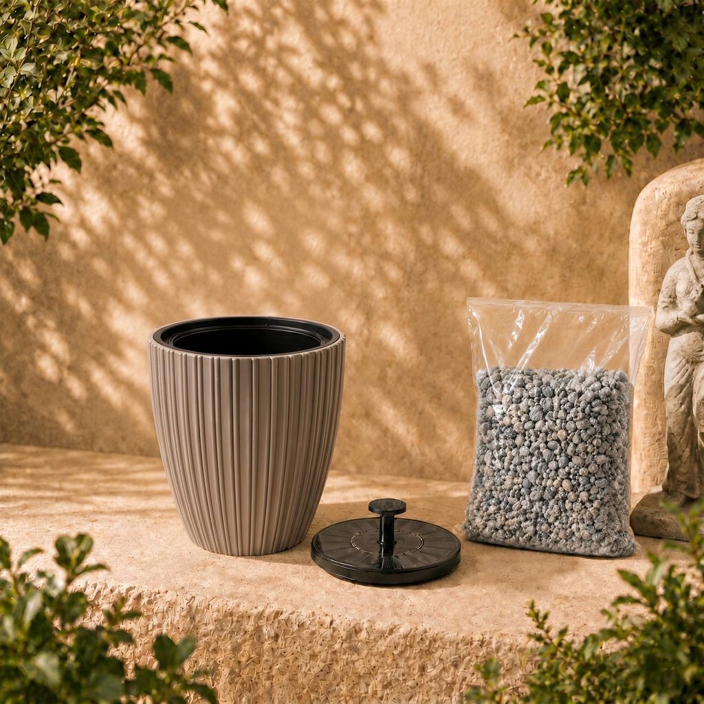 Solar Springbrunnen Premium Set mit Akku - taupe , Ø 39 x 42 cm
