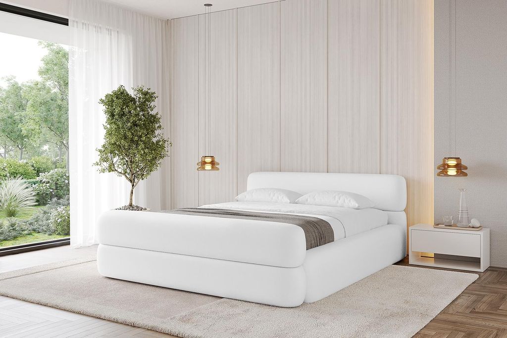 ALTDECOR Polsterbett mit Bettkasten - ENORA-Z-v1 - 160x200 Weiß Kunstleder - Bett mit Matratze H3/H4, Kopfteil und Fußteil, Boxbett, Doppelbett m...