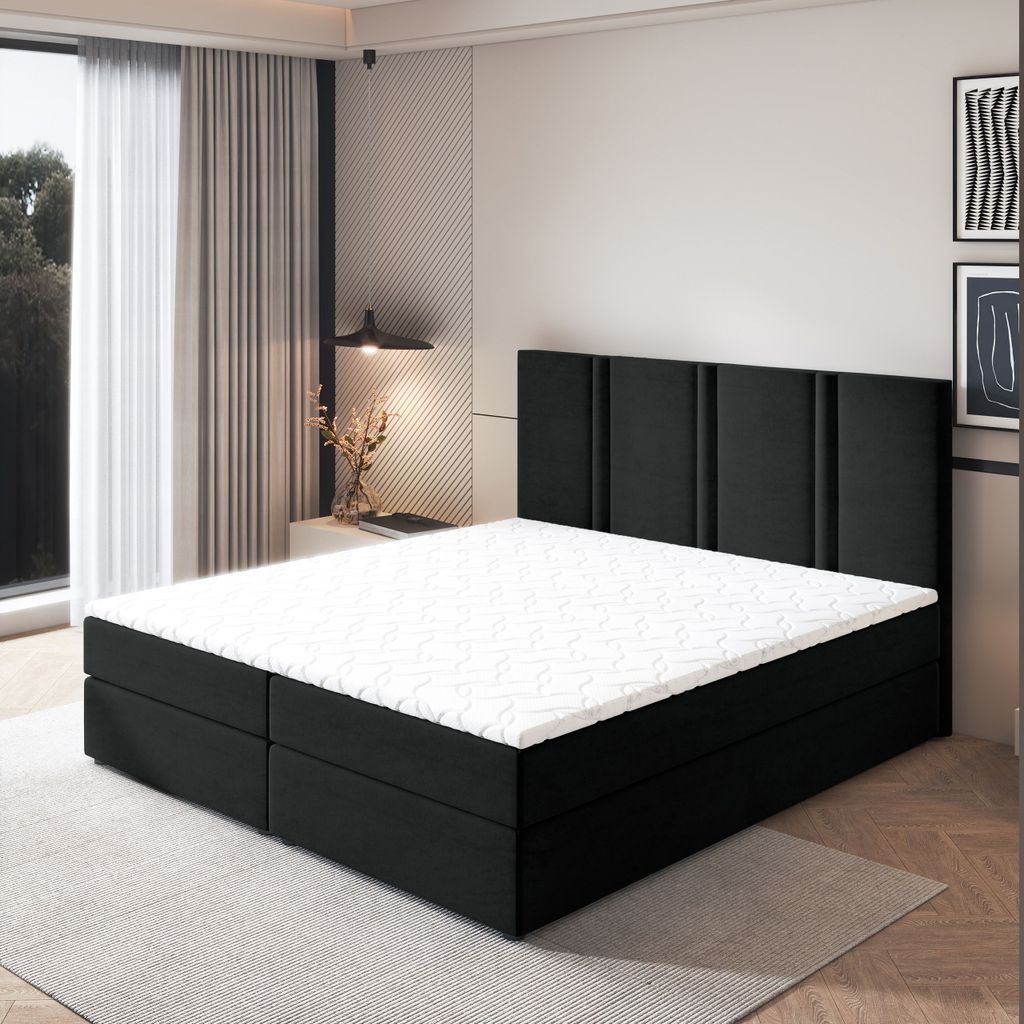 Masseno Boxspringbett LARIO 140x200 cm Komplett-Set mit Bonell Matratze und Topper, Polsterbett mit Bettkästen -Schwarz, KRONOS 07