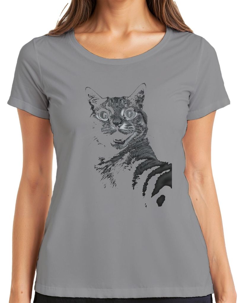 Katze erschrocken Silber Skizze Katzenliebhaber Geschenk Vintage Damen T-Shirt, Grau, XXL
