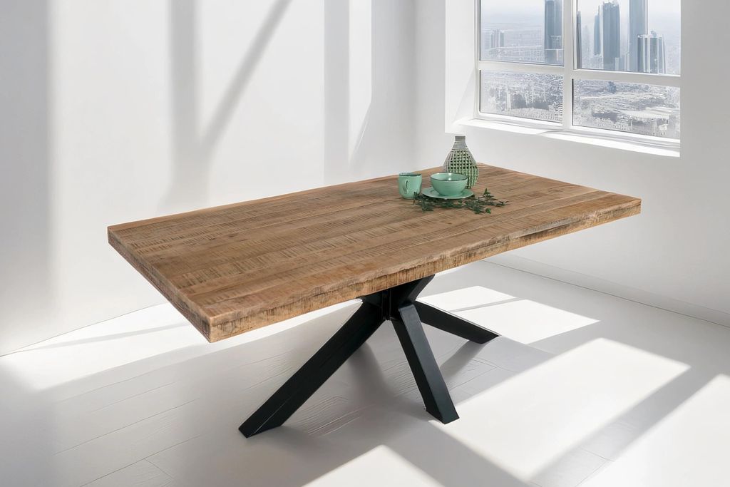 Esstisch 220 x 100 cm Rio, Esszimmertisch naturfarben, Mangoholz massiv, Spider-Gestell aus Metall schwarz, gerade Kanten