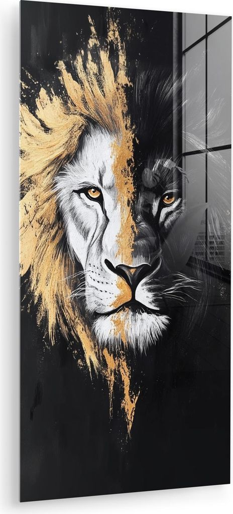 MuchoWow Glasbilder - Bilder auf Wandbild - Foto auf Glas Löwe - Split - Schwarz - Linie 60x120 cm Wanddekoration aus Glas - Acrylglasbild - Acryl...