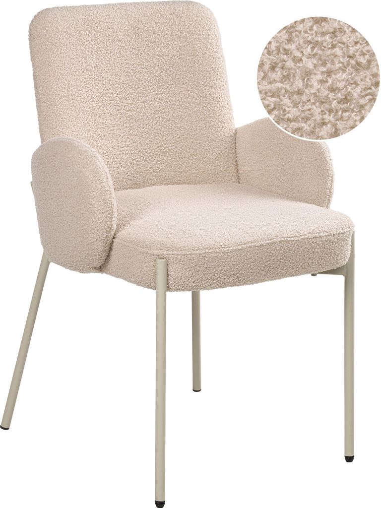 BELIANI Esszimmerstuhl Hellbeige Bouclé Gepolstert mit Schmalen Armlehnen Metallgestell Retro Design Küchenstuhl Polsterstuhl Teddyfell Stuhl