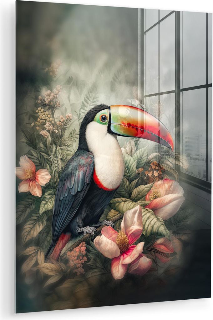 MuchoWow Glasbilder - Bilder auf Wandbild - Foto auf Glas Tukan - Vögel - Blumen - Pflanzen - Tropisch 30x40 cm Wanddekoration aus Glas - Acrylgla...