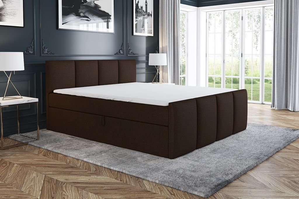 Boxspringbett ECOS 140 x 200 mit 2 Bettkästen, Bonell-Matratze und Topper. Farbe: Braun
