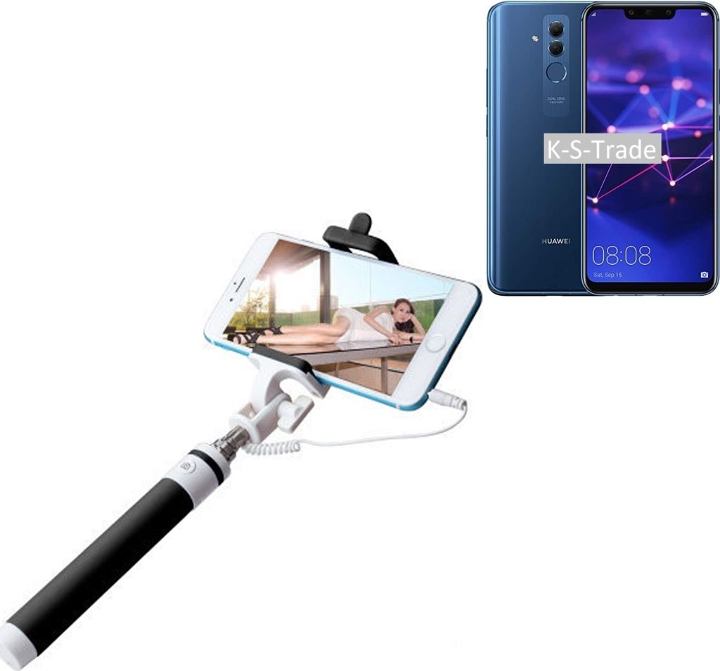 K-S-Trade Selfie Stick kompatibel mit Huawei Mate 20 Lite Selfiestick kabelgebunden Monopod mit Kabel Stab Stange Selfportrait Handheldstick schwarz