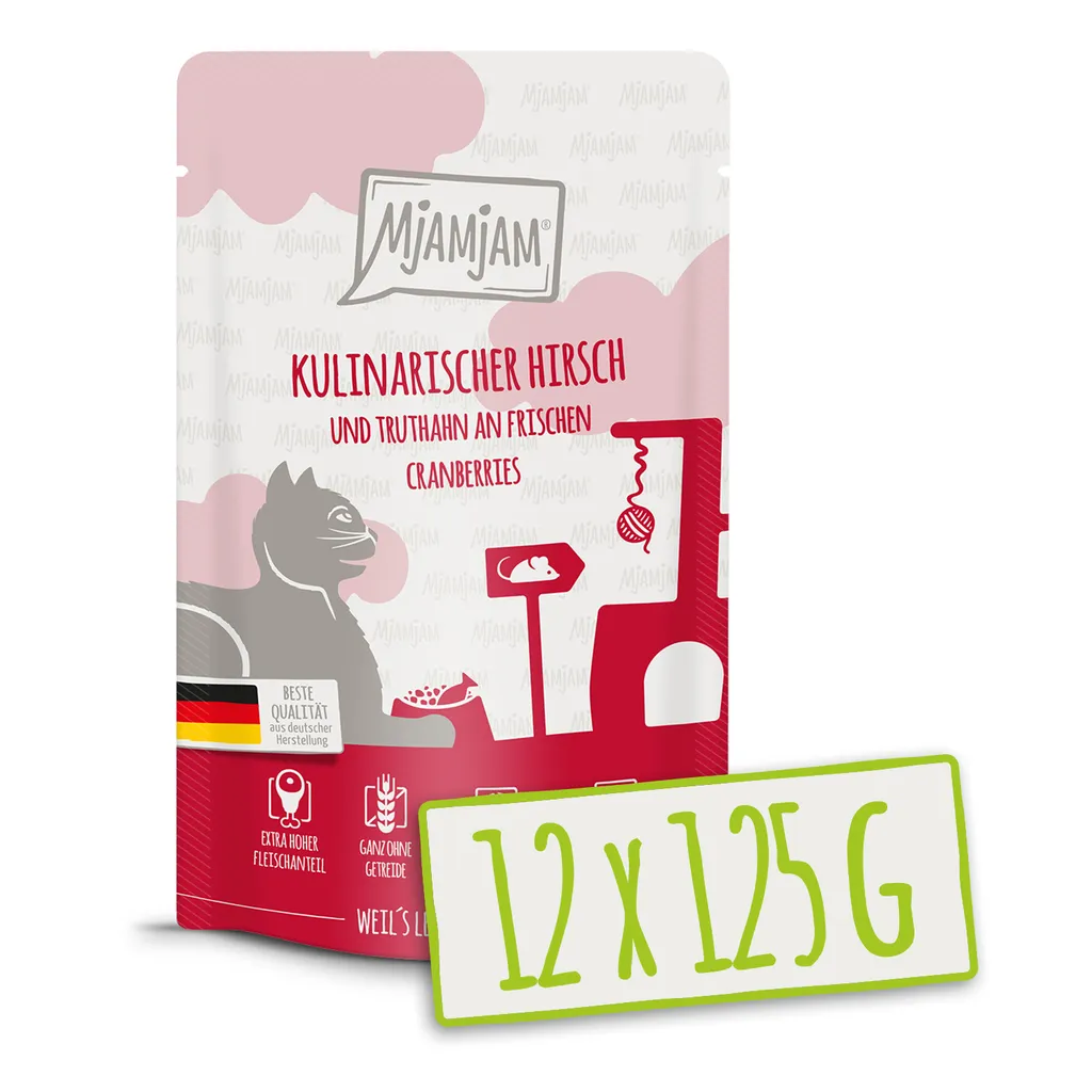 MjAMjAM 12x125g Nourriture Humide Chat Cerf et Dinde aux Canneberges