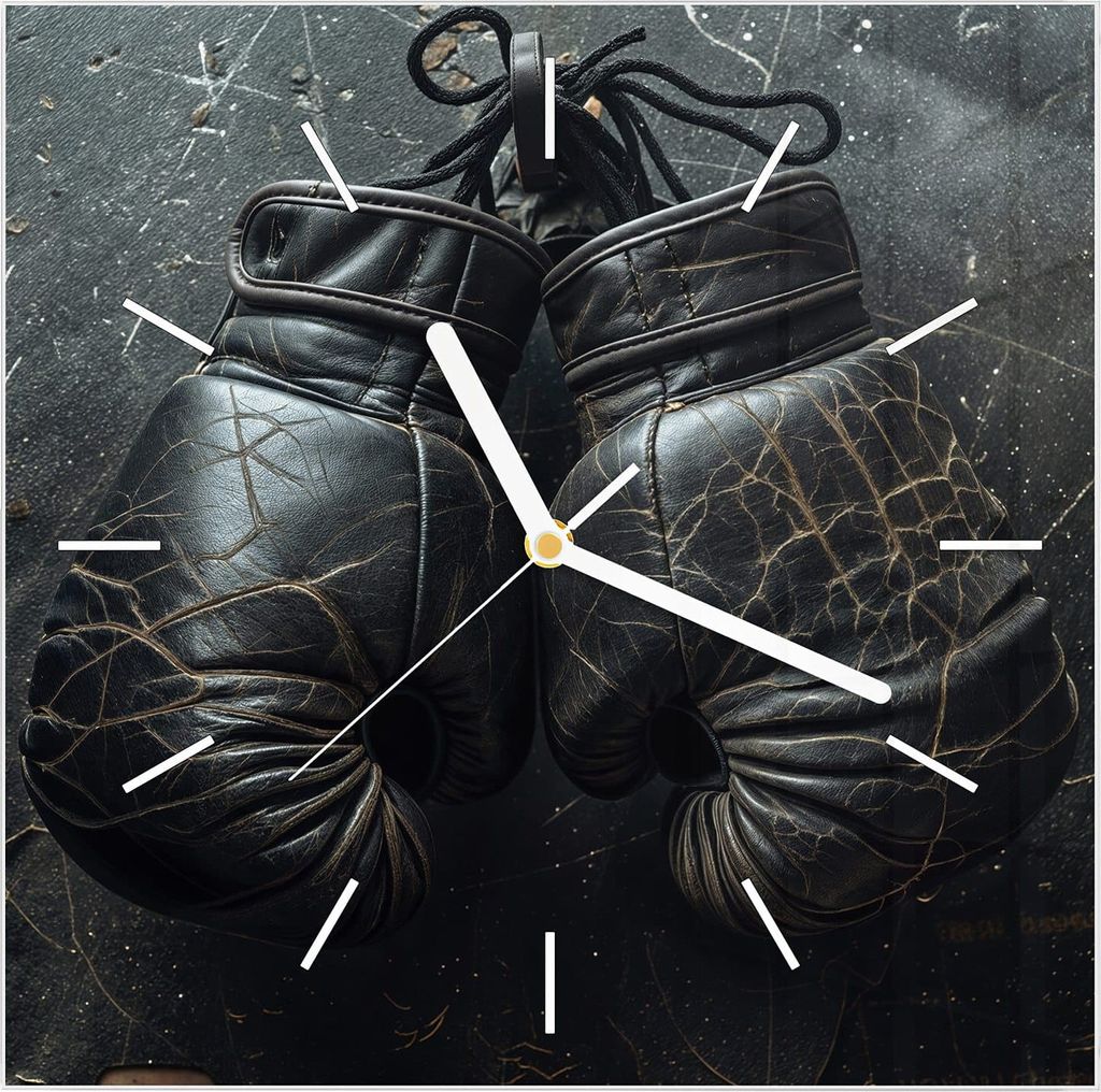 Wanduhr aus Glas mit Motiv Boxhandschuhe Vintage- 30 x 30 cm - inkl. Aufhängesystem