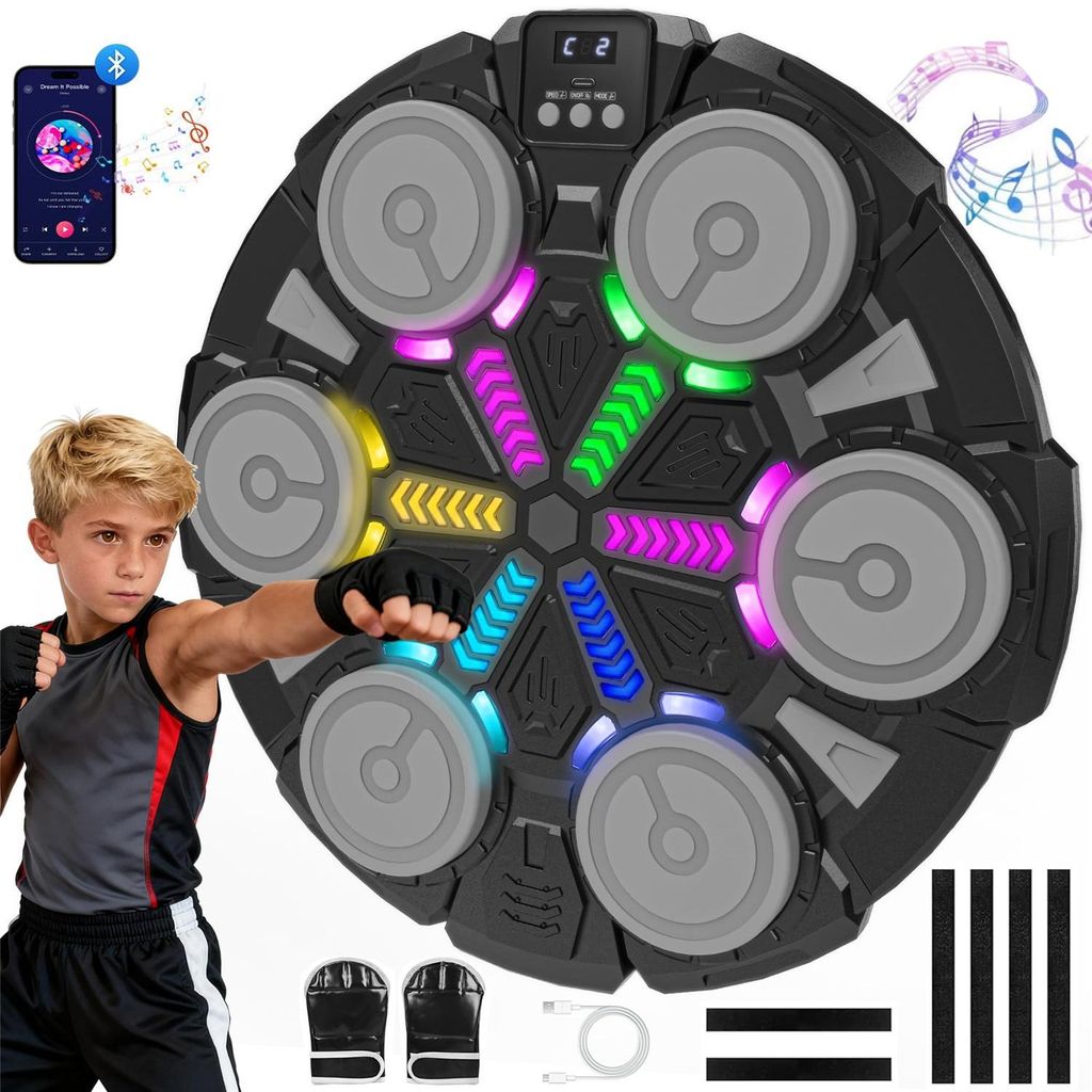 Boxmaschine mit Musik, Music Boxing Machine mit Boxhandschuhen, 5 Geschwindigkeitsmodi, Bluetooth-Verbindung Boxmaschine mit integriertem Lautsprec...