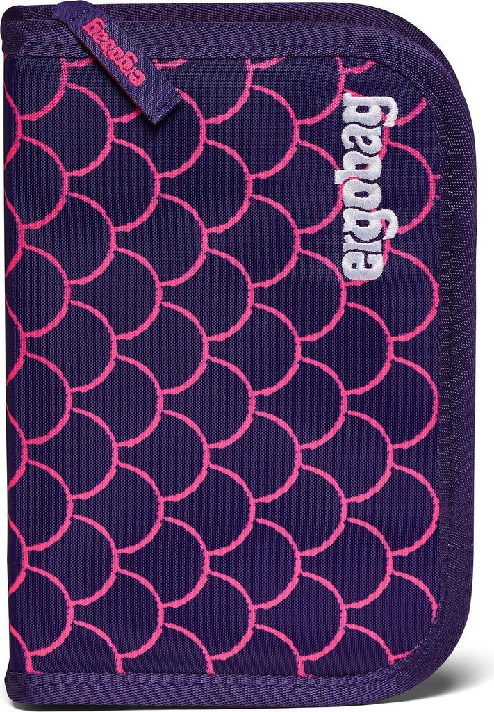A close-up view of a purple pencil case with a pink scale pattern and the brand name 'ergobag' printed in white.