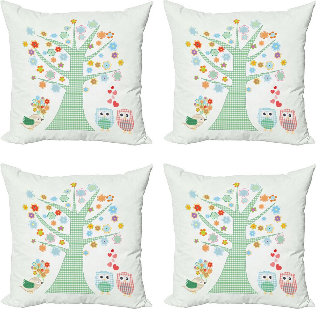 ABAKUHAUS Kindergarten Kissenbezug Set (4 Stück), Romantische Eulen in Love, Moderner Doppelseitiger Digitaldruck, 50 cm x 50 cm, Mint Green Multi...