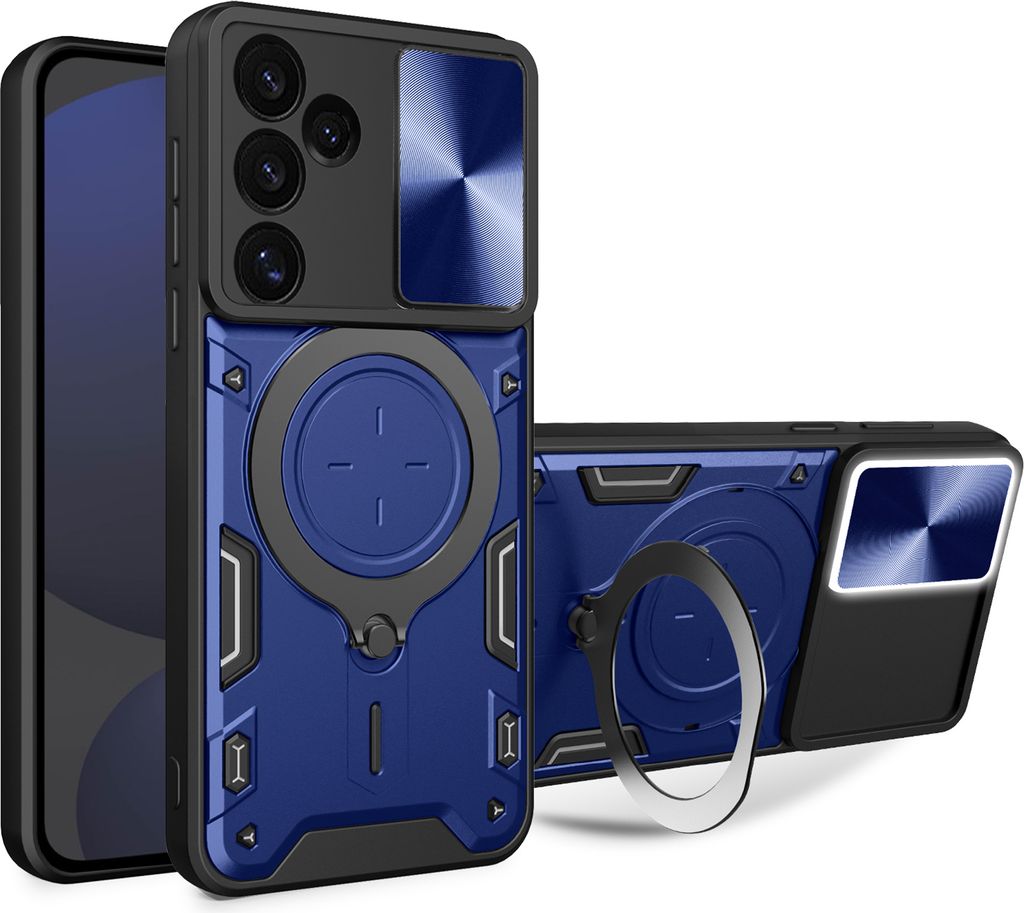 Handyhülle für Samsung Galaxy S24 FE Dual-Layer Stoßfest Rüstung Hülle mit Dia Kameraschutz und Kreisförmig Ring Ständer Blau