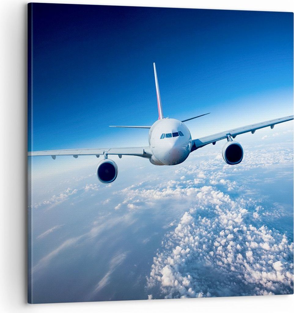 Bild auf Leinwand - Leinwandbild - Flugzeug himmel wolken flug - 60x60cm - Wand Bild - Wanddeko - Leinwanddruck - Bilder - Kunstdruck - Wanddekorat...
