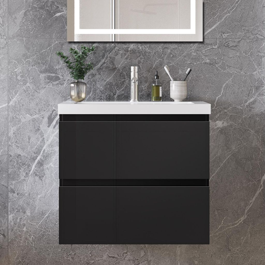 60 cm Badmöbel-Set Unterschrank mit Mineralguss waschtisch 2 Schubladen soft-close Hochglanz Schwarz Selbstmontierter