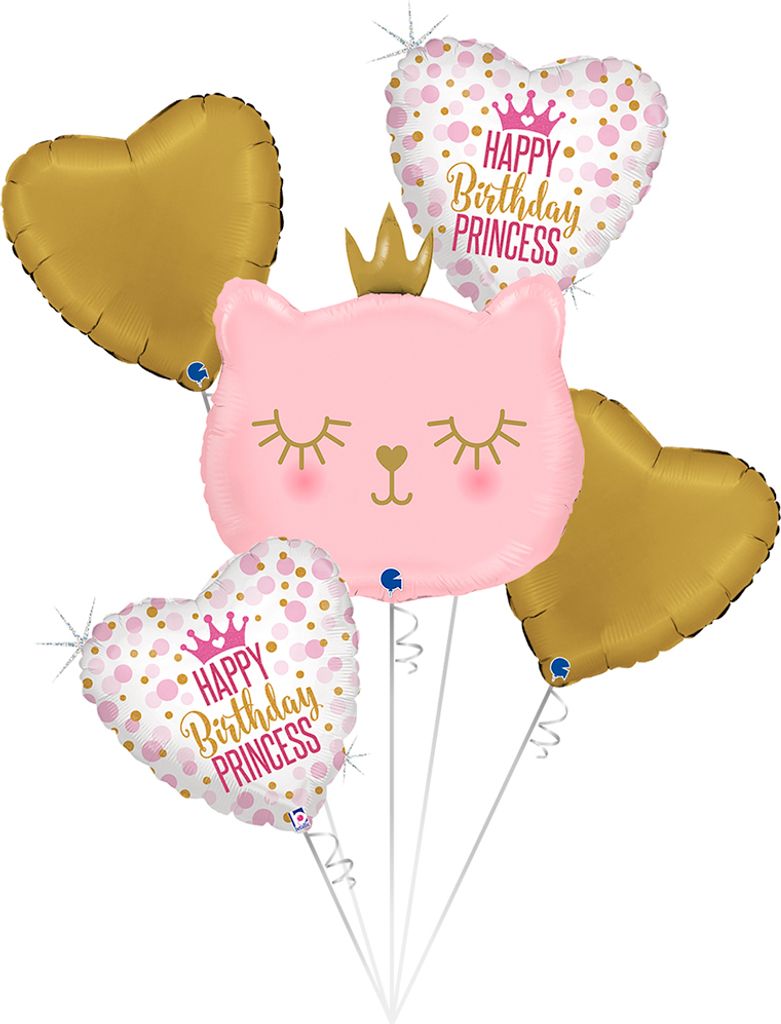 Folieballonnen: Boeket verjaardag cat birthday princess - 5 stuks