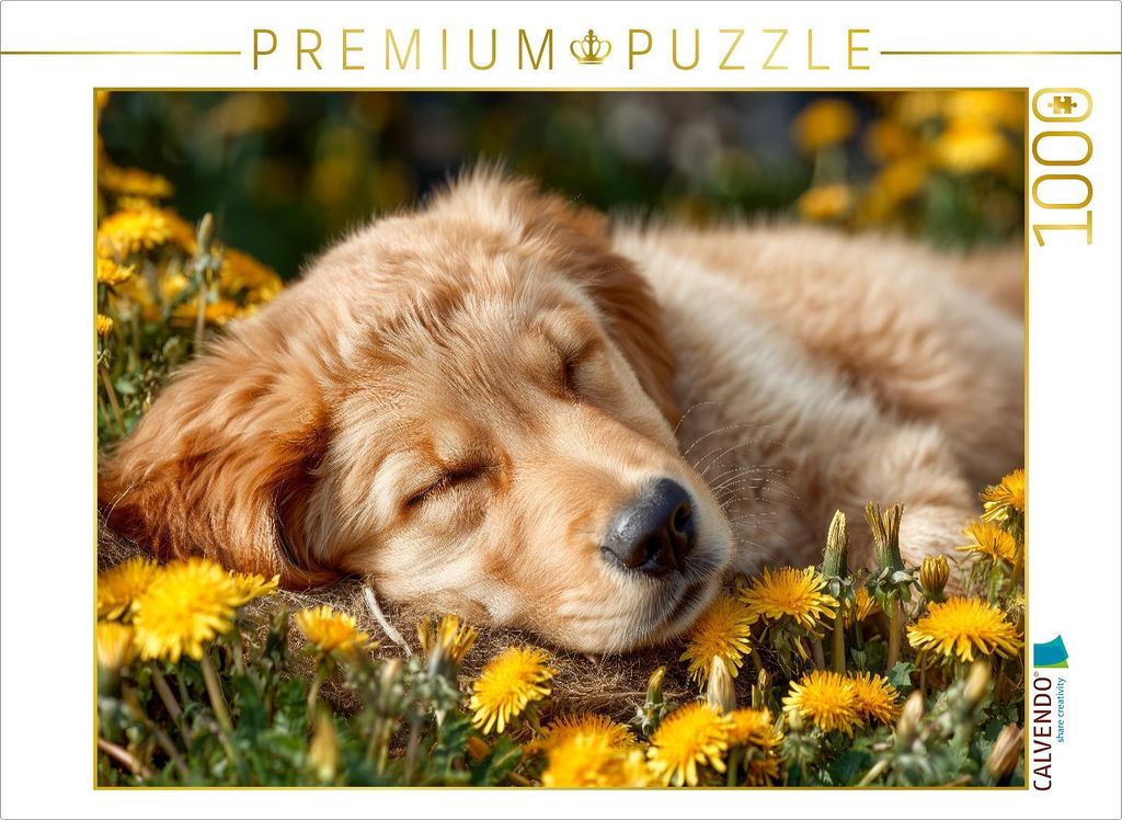 CALVENDO Puzzle Träumender Golden Retriever-Welpe - Sanfte Ruhe in der Frühlingswiese | 1000 Teile Lege-Größe 64x48cm Foto-Puzzle für glückli...