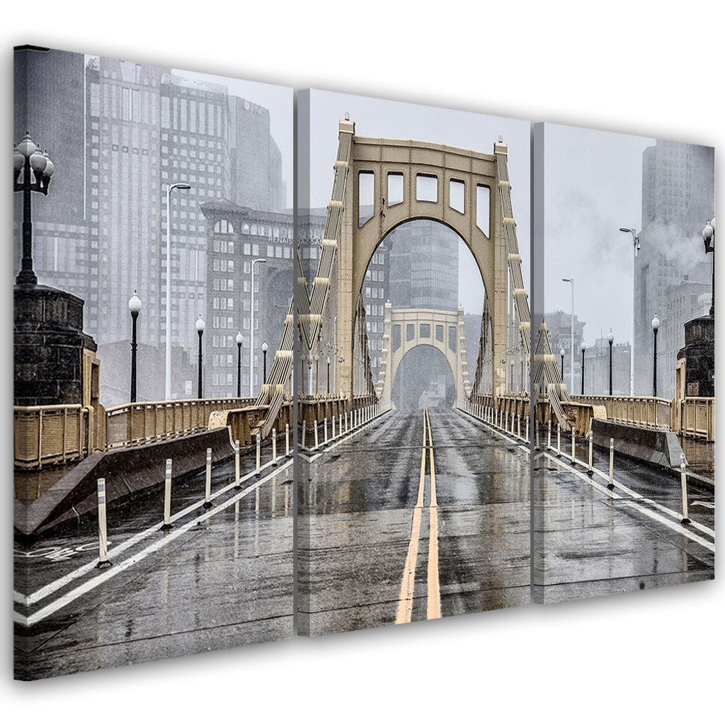 Triptychon auf leinwand städte & architektur - beige 150x100 cm Feeby beige wandbild bereit zum aufhängen