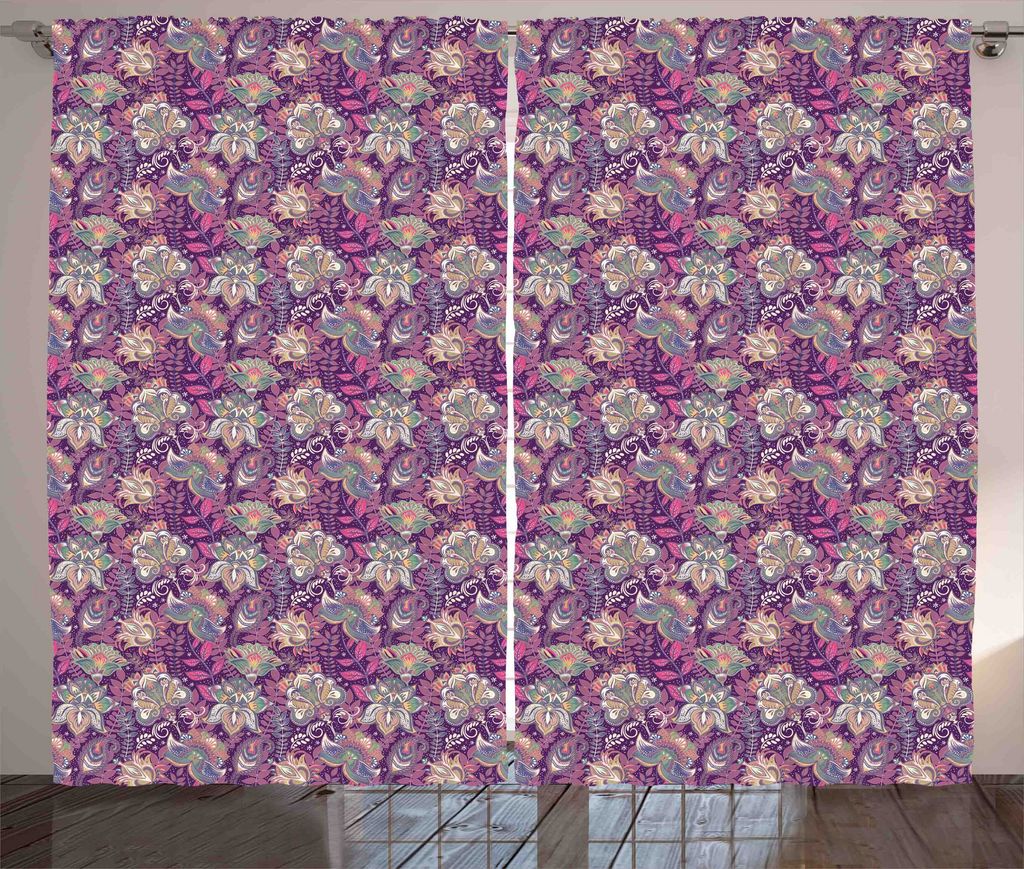ABAKUHAUS Blumen Rustikaler Gardine, Blumen und Mehndi, Schlafzimmer Kräuselband Vorhang mit Schlaufen und Haken, 280 x 175 cm, Mauve Grün