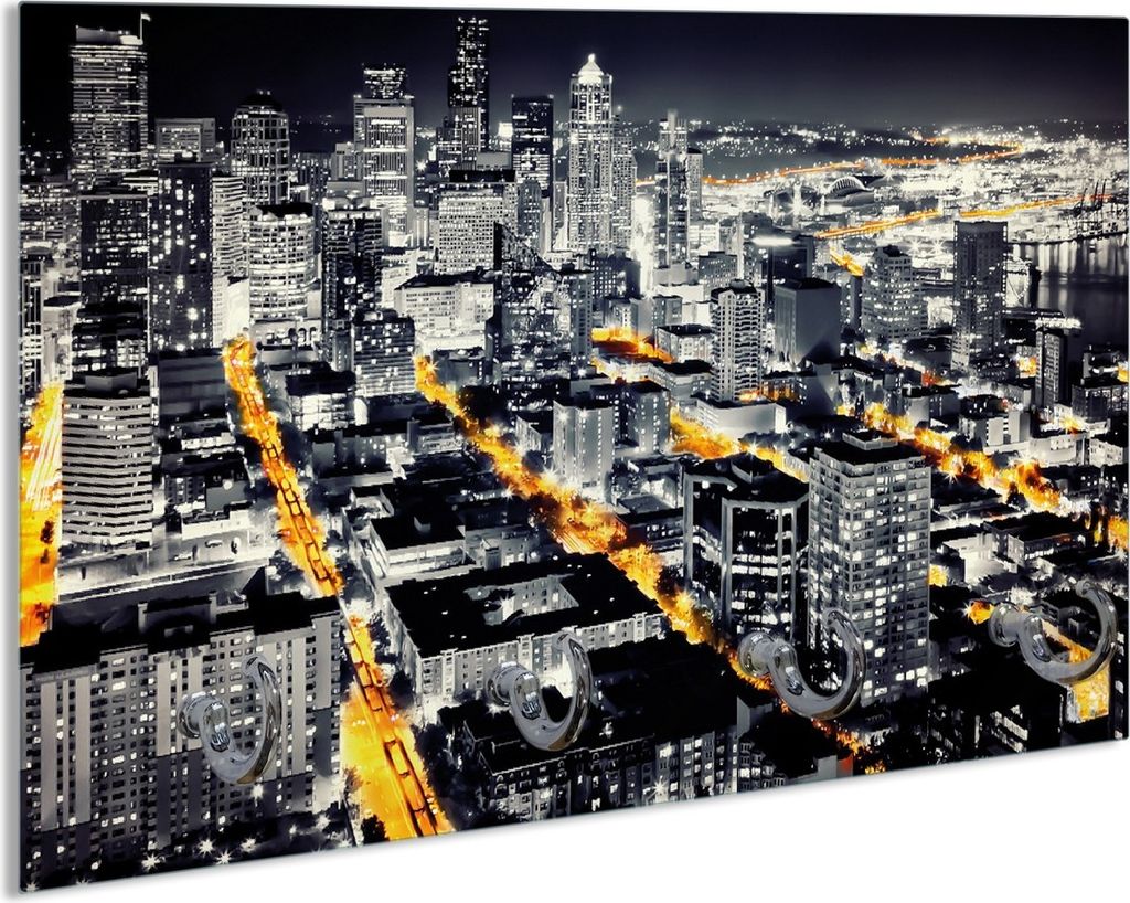 Wallario Schlüsselbrett aus Glas, Motiv: Großstadt bei Nacht - Seattle in schwarz weiß gelb, 30 x 20 cm mit 4 Haken