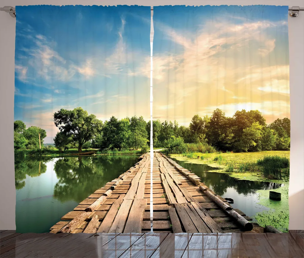 Rideau rustique multicolore motif pont en bois avec système de fixation