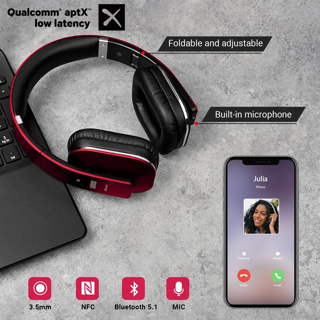 August EP650R Casque Bluetooth NFC rouge avec micro intégré et basses