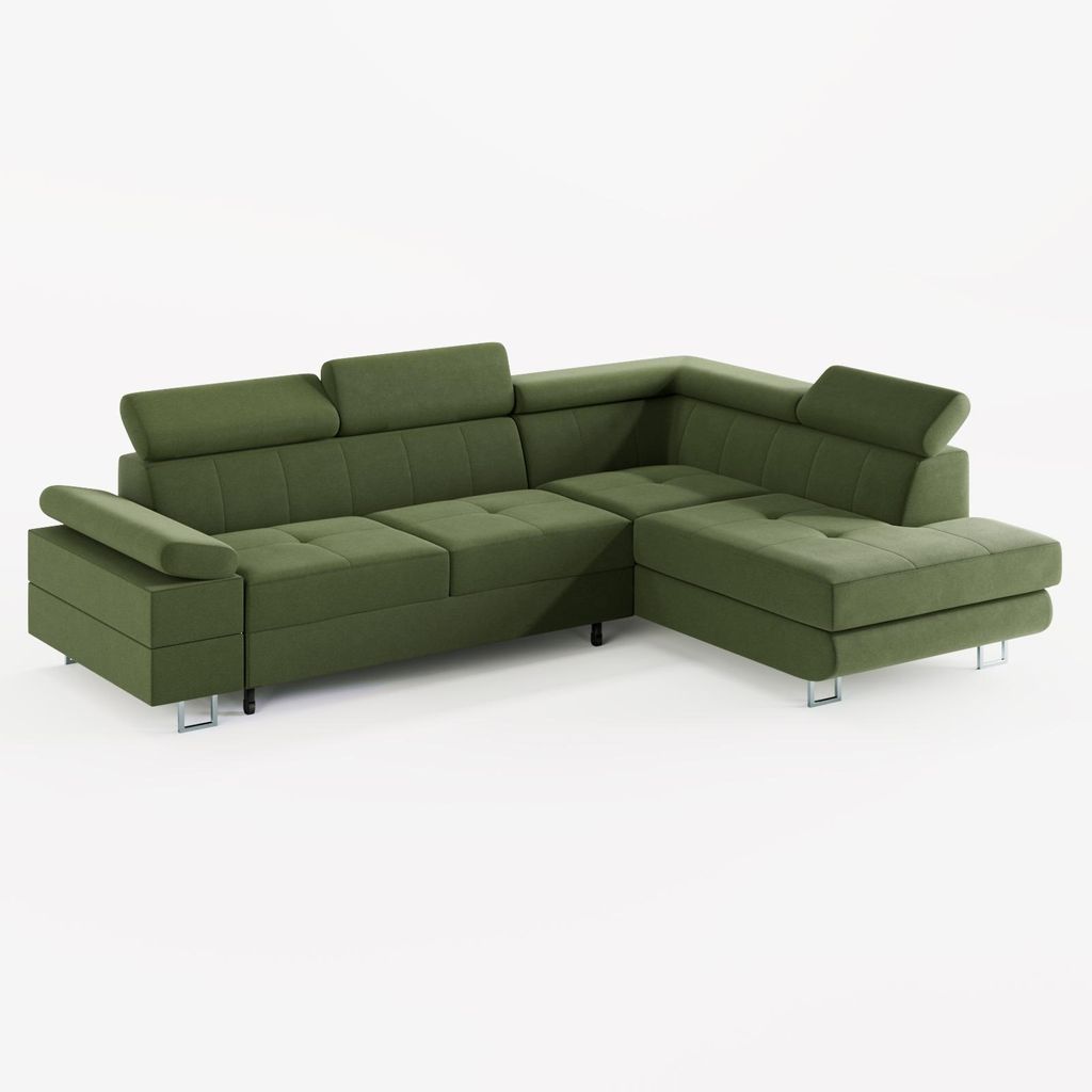 ECKSOFA CAROLINE Rechts Olivgrün matter Veloursstoff mit Schlaffunktion und Bettkasten