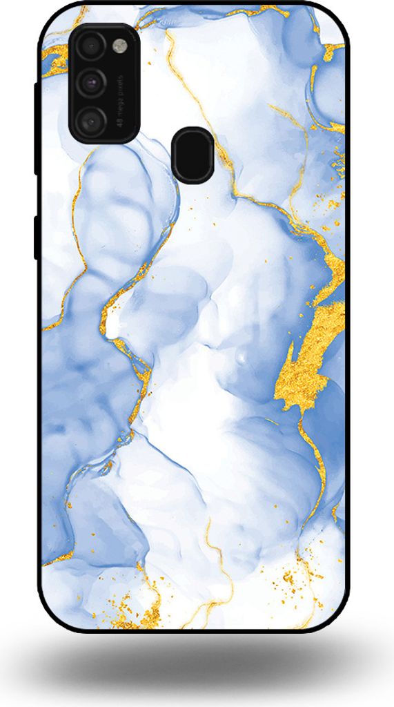 Smartphonica Handytasche passend für Samsung Galaxy M21 mit Hellblau Gold Marmor Print - TPU Backcover Case Hellblau Gold Marmor Design