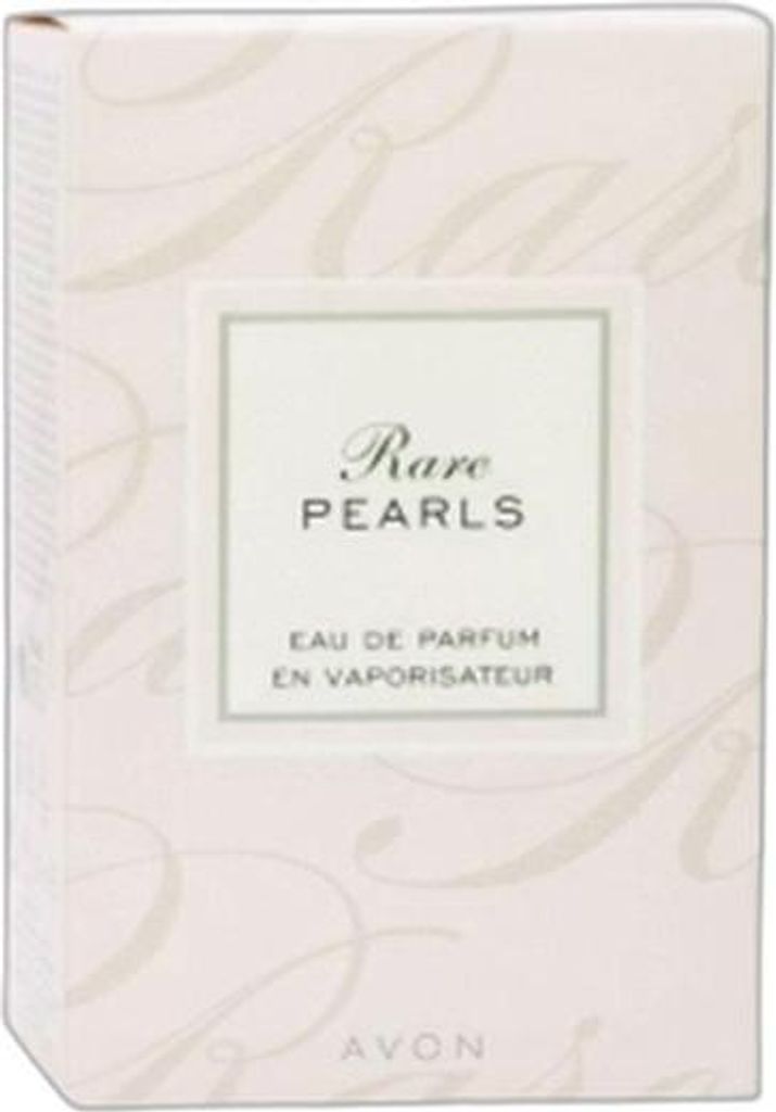 The image shows the packaging of AVON Rare Pearls Eau de Parfum.